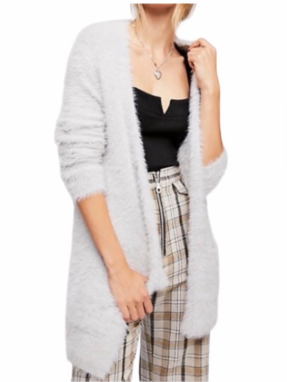 Free People Faux Fur Open Front Silver Cardigan Size Medium